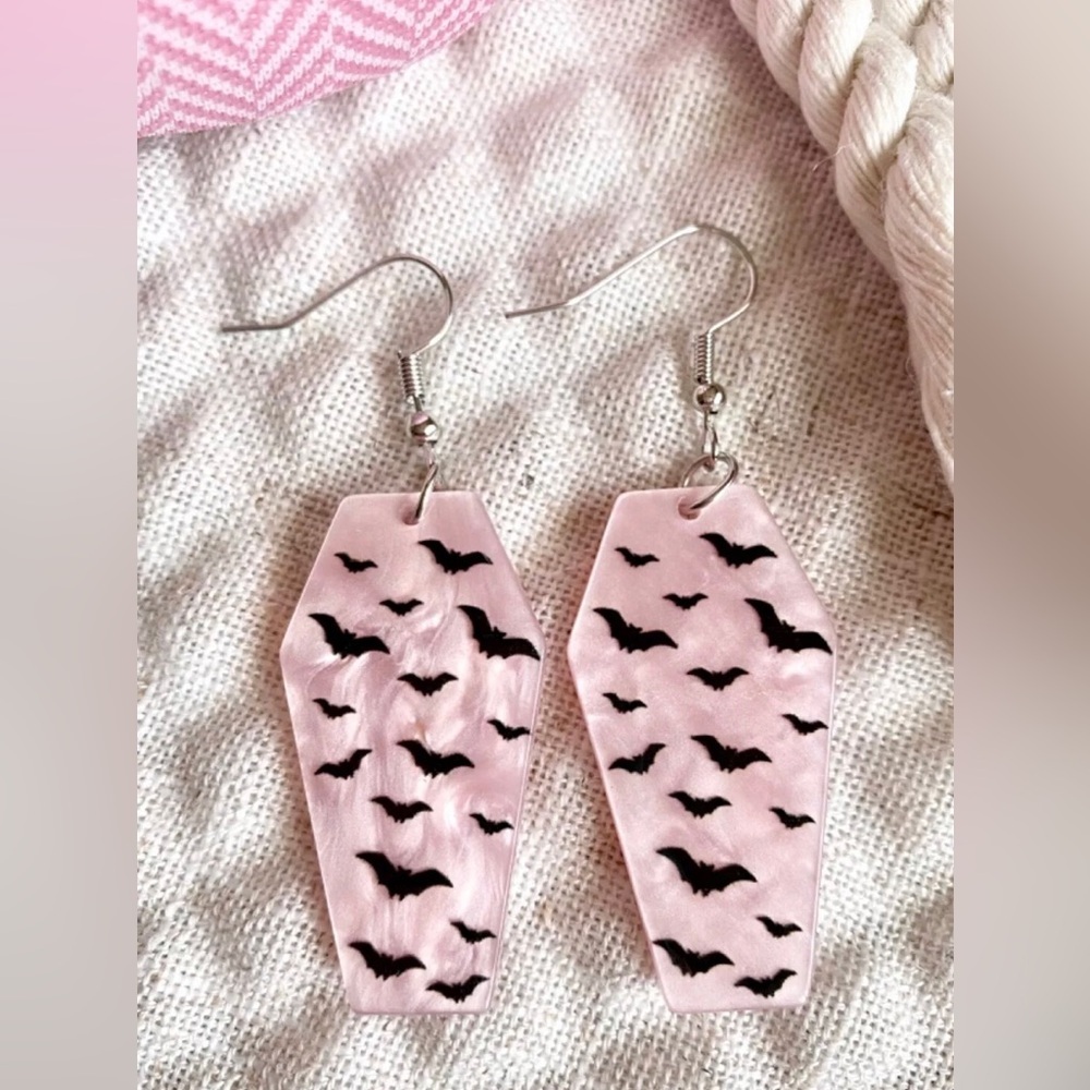 Pink Coffin Bat Earrings Halloween Emo Trendy